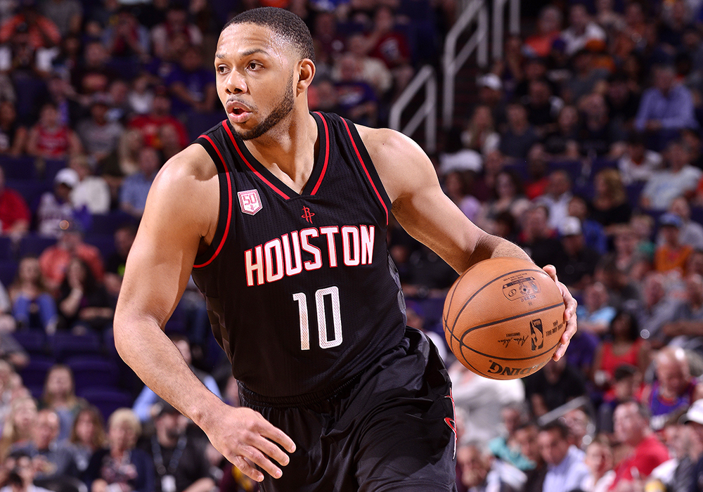 PHOENIX, AZ - APRIL 2: Eric Gordon #10 of the Houston Rockets handles the ball during the game against the Phoenix Suns on April 2, 2017 at U.S. Airways Center in Phoenix, Arizona. NOTE TO USER: User expressly acknowledges and agrees that, by downloading and or using this photograph, user is consenting to the terms and conditions of the Getty Images License Agreement. Mandatory Copyright Notice: Copyright 2017 NBAE (Photo by Barry Gossage/NBAE via Getty Images)