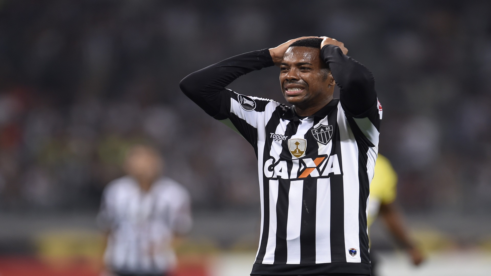 Robinho of Brazil's Atletico Mineiro gestures during their 2017 Copa Libertadores match against Bolivia's Wilstermann held at Mineirao stadium, in Belo Horizonte, Brazil, on August 9, 2017. / AFP PHOTO / DOUGLAS MAGNO        (Photo credit should read DOUGLAS MAGNO/AFP/Getty Images)