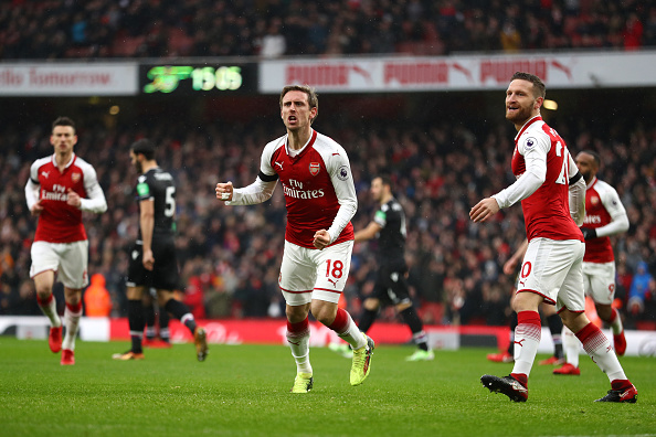 LONDON, ENGLAND - JANUARY 20:  Nacho Monreal of Arsenal celebrates after scoring his sides first goal during the Premier League match between Arsenal and Crystal Palace at Emirates Stadium on January 20, 2018 in London, England.  (Photo by Clive Mason/Getty Images)